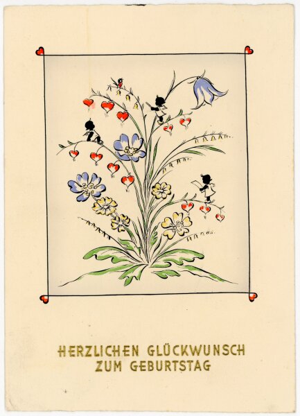 unbekannt - Grußkarte Geburtstag Blumenstrauß Engel 1939 - 1939 - Mischtechnik