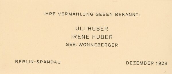 Uli Huber - Uli Huber Grußkarte Vermählung 1929 - 1929 - Druck
