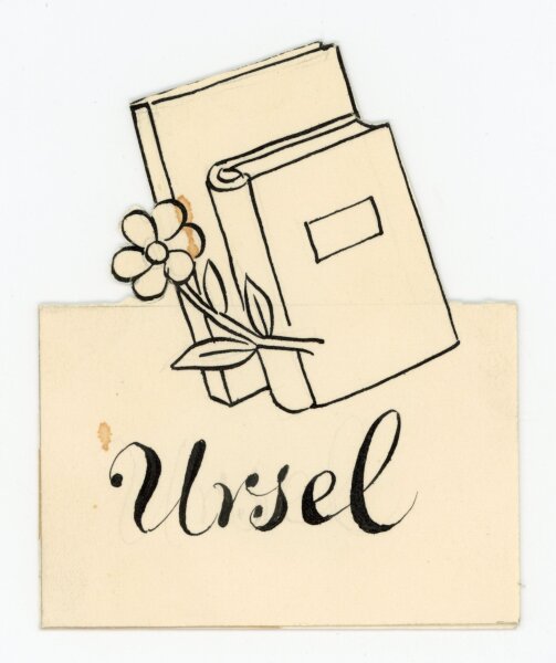 unbekannt - Tischkarte Platzkarte mit Büchern und Blume - o.J. - Tusche