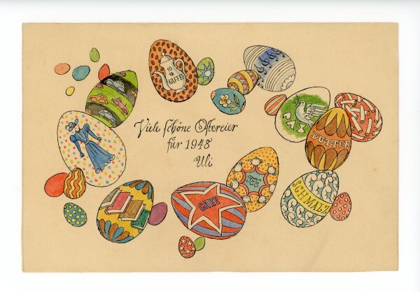 Uli Huber - Uli Huber Grußkarte zu Ostern mit Ostereiern von 1948 Kolorierte Zeichnung - 1948 - Tusche/Aquarell