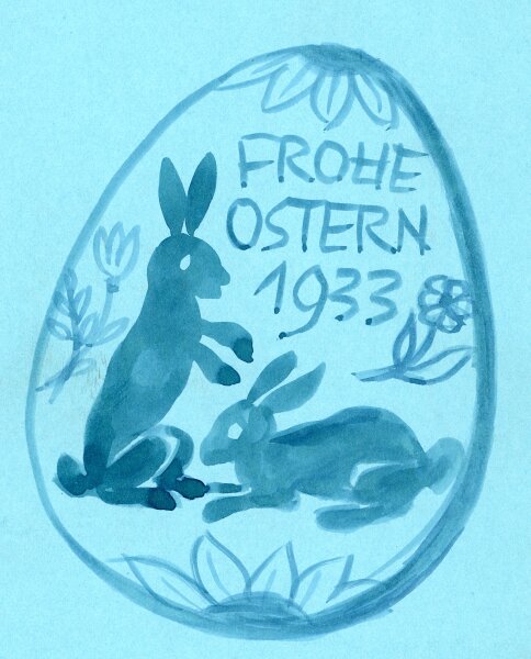 unbekannt - Glückwunschkarte zu Ostern mit Osterei und Osterhase 1933 - 1933 - Aquarell auf Papier