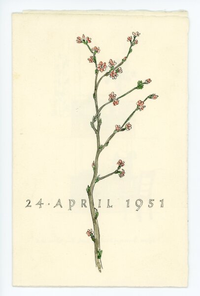 Uli Huber - Uli Huber Glückwunschkarte zum Geburtstag mit Kirschblüte und Spruch von Goethe 1951 - 1951 - Tusche/Aquarell