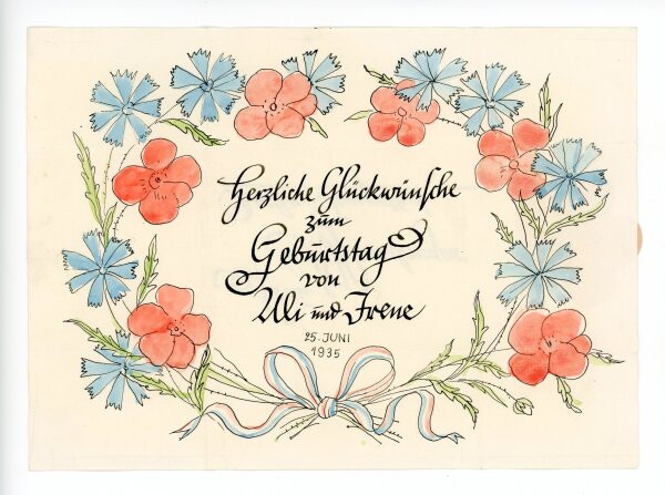 Uli Huber - Uli Huber Glückwunschkarte zum Geburtstag mit Blumenkranz von 1935 - 1935 - Tusche/Aquarell