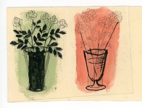 unbekannt - Skizze von Blumen und Tannenzweigen in Blumenvasen - o.J. - Bleistift/Aquarell