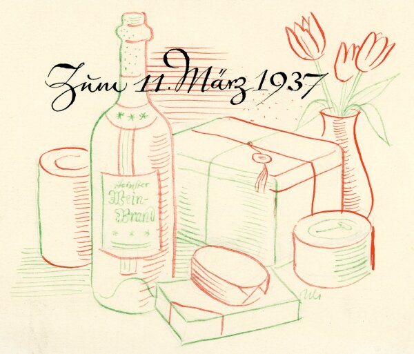 Uli Huber - Uli Huber Glückwunschkarte zum Geburtstag mit Gedicht von 1937 - 1937 - Tuschezeichnung