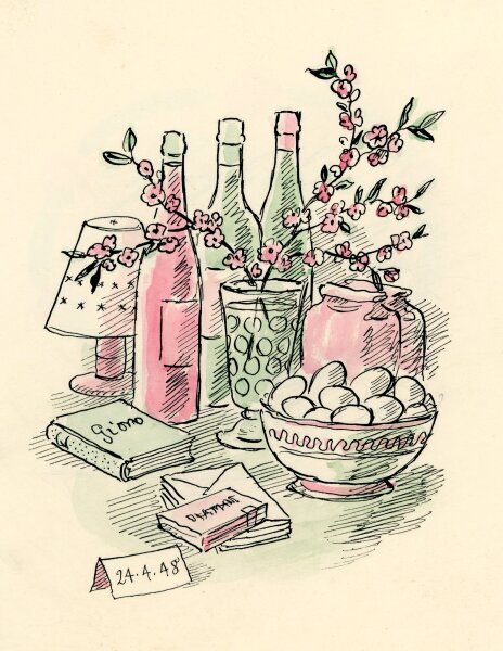 Uli Huber - Uli Huber Glückwunschkarte zum Geburtstag mit Stillleben von 1948 - 1948 - Tusche/Aquarell