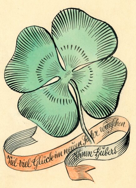 Uli Huber - Glückwunschkarte zum Neujahr mit Kleeblatt - o.J. - Tusche/Aquarell