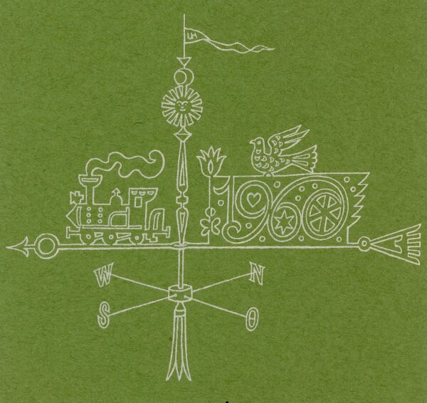 unbekannt - Grußkarte Neujahr Lokomotive Vogel Ornament 1960 - 1960 - Druck