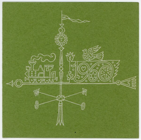 unbekannt - Grußkarte Neujahr Lokomotive Vogel Ornament 1960 - 1960 - Druck