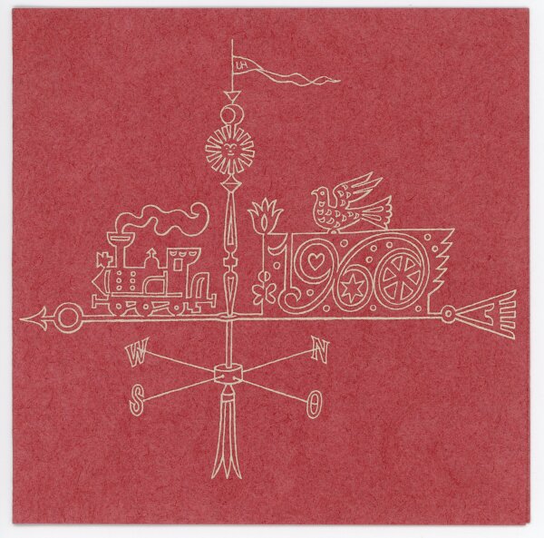 unbekannt - Grußkarte Neujahr Lokomotive Vogel Ornament 1960 - 1960 - Druck