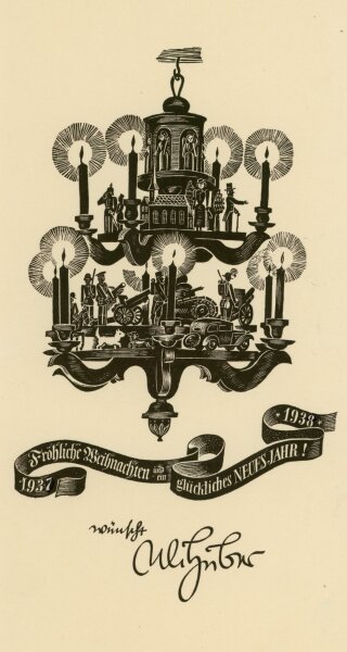 Uli Huber - Uli Huber Grußkarte Glückwünsche Weihnachten Neujahr Kronleuchter 1937 1938 - 1937 - Druck