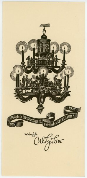 Uli Huber - Uli Huber Grußkarte Glückwünsche Weihnachten Neujahr Kronleuchter 1937 1938 - 1937 - Druck