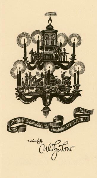 Uli Huber - Uli Huber Grußkarte Glückwünsche Weihnachten Neujahr 1935 1936 Kronleuchter - 1935 - Druck