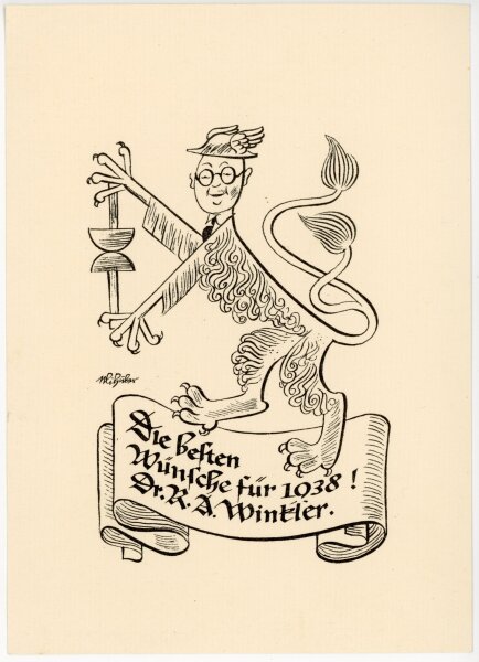 Uli Huber - Uli Huber Grußkarte Neujahr Karikatur Humor 1938 - 1938 - Druck