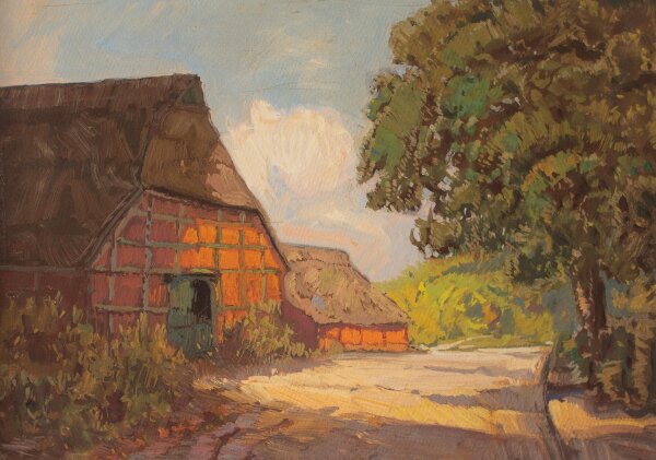unbekannt - Bauernhof mit Fachwerkscheune - o.J. - Öl auf Malpappe