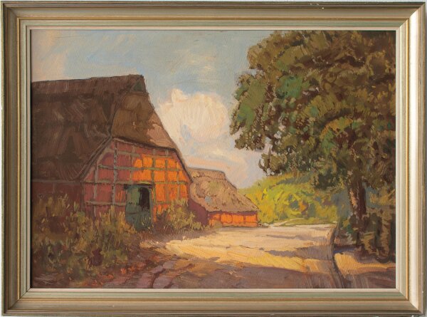 unbekannt - Bauernhof mit Fachwerkscheune - o.J. - Öl auf Malpappe