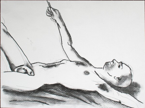 Sasha Schwarzer - Liegender männlicher Akt, Fesselung - 2023 - Kohle Zeichnung