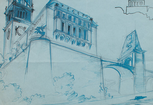 unbekannt - Burg mit Autoweg - Ende 1800 - Tusche Zeichnung