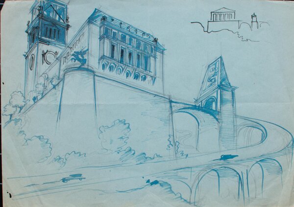 unbekannt - Burg mit Autoweg - Ende 1800 - Tusche Zeichnung