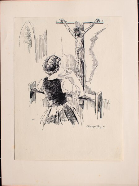 Albert Gehring - Betende Bäuerin - Anfang 20. Jahrhundert - Feder Zeichnung