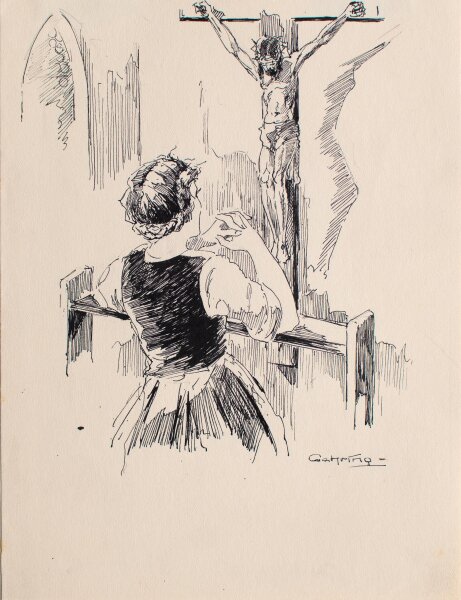 Albert Gehring - Betende Bäuerin - Anfang 20. Jahrhundert - Feder Zeichnung