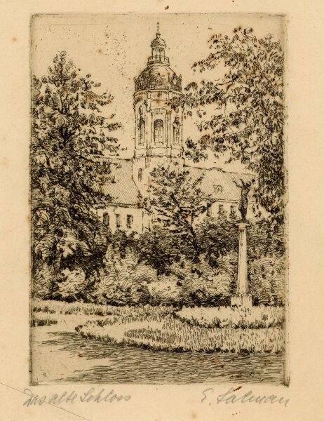 E. Lahman - Landschaft Schloss Teich Skulptur Radierung - o.J. - Radierung