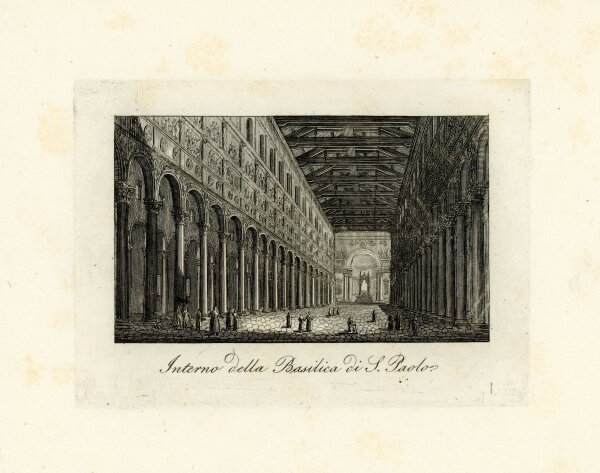 Tommaso Cuccioni - Sankt Paul vor den Mauern Papstbasilika Innenansicht Rom Stahlstich - um 1830 - Kupferstich