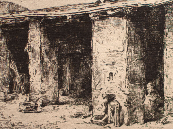 Unleserlich signiert - Bauernstube - o.J. - Radierung