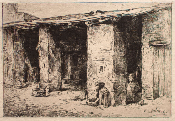 Unleserlich signiert - Bauernstube - o.J. - Radierung