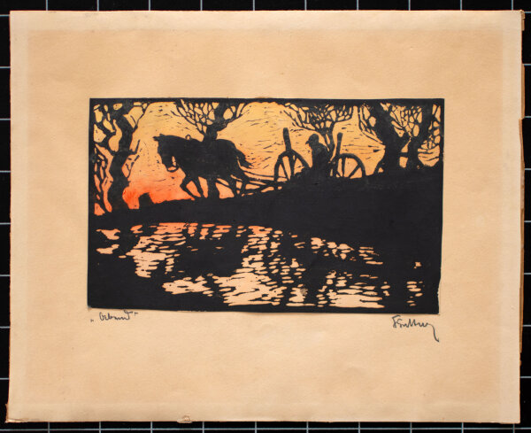 Unleserlich signiert - Pferdegespann bei Sonnenuntergang - Anfang 1900 - Bemalte Linolschnitt