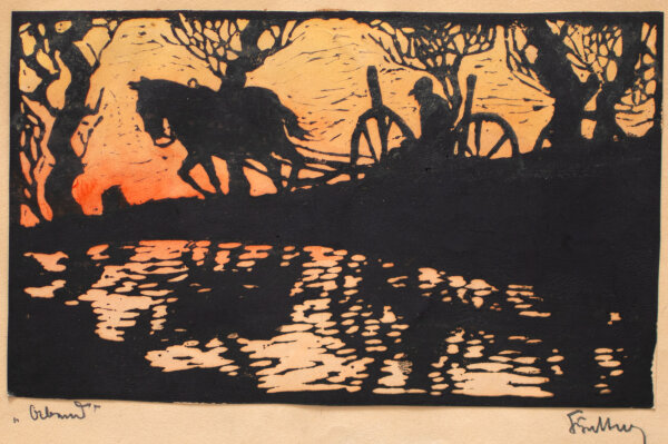 Unleserlich signiert - Pferdegespann bei Sonnenuntergang - Anfang 1900 - Bemalte Linolschnitt