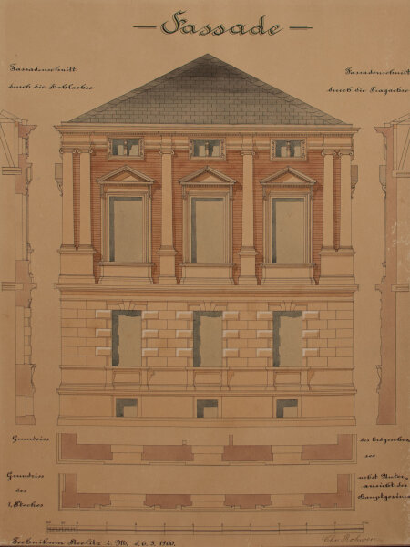 Signiert Chr. Rohwer - Fassade Technikum Strelitz - 1900 - Tuschezeichnung