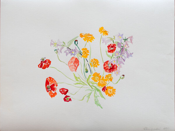 unbekannt - Blumenstück mit Mohnblumen - 1990 - Aquarell