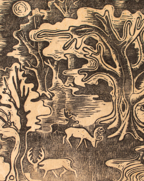Unleserlich signiert - Elche im Wald - 1950 - Linoldruck
