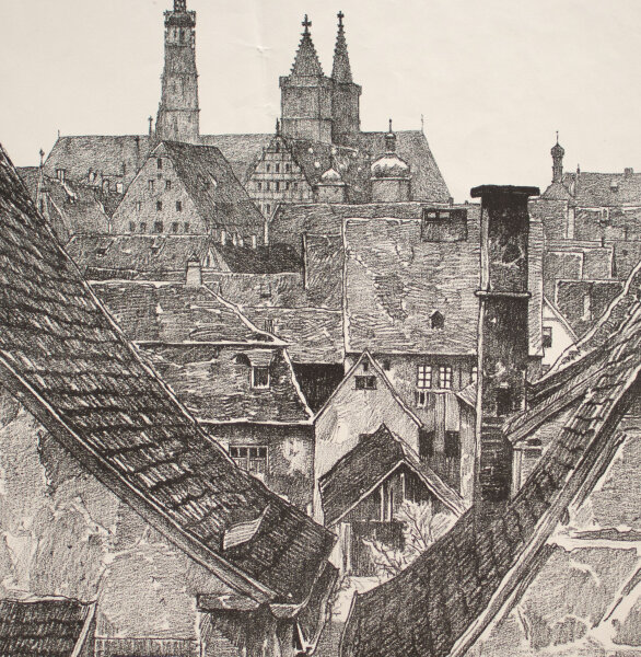 Monogrammist E.L. - Stadtansicht, Dächer - o.J. - Lithografie