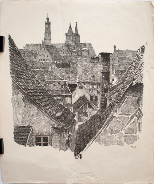 Monogrammist E.L. - Stadtansicht, Dächer - o.J. - Lithografie