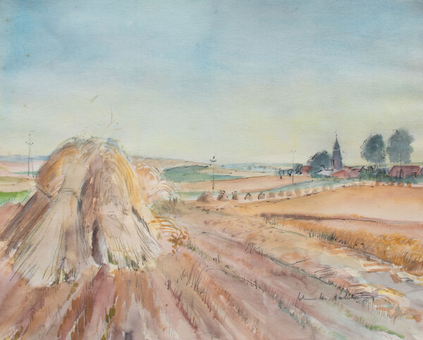 Gerhard Schulte-Dahling - Heuhaufen auf einem Kornfeld - o.J. - Aquarell