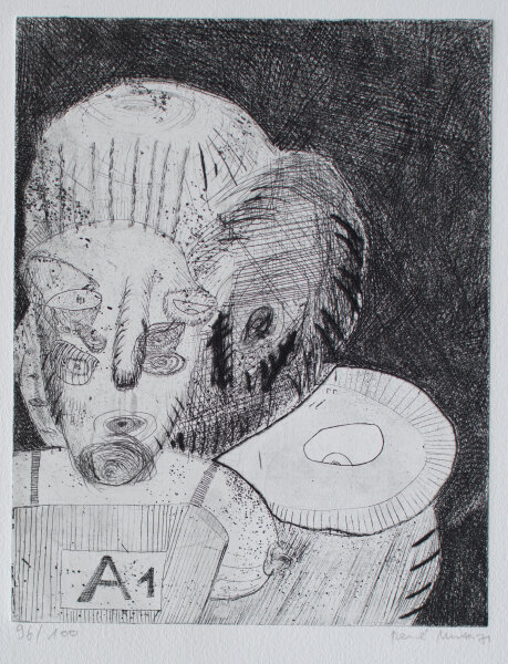 René Unta - Abstrahiertes Portrait - 1971 - Kaltnadelradierung