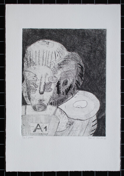 René Unta - Abstrahiertes Portrait - 1971 - Kaltnadelradierung