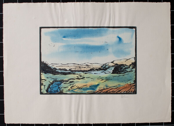 unleserlich signiert - Flußlandschaft - o.J. - colorierter Holzschnitt