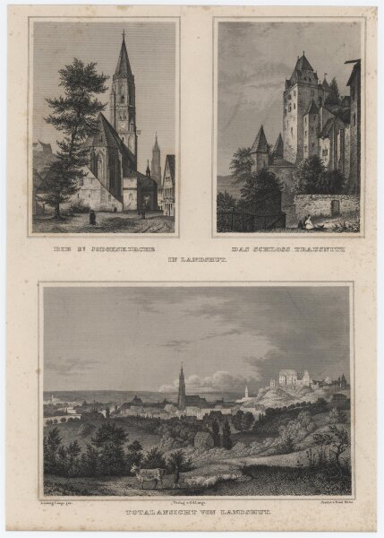Emil Höfer - Jodokskirche, Schloss Trausnitz und Stadtansicht von Landshut - 1837 - Stahlstich