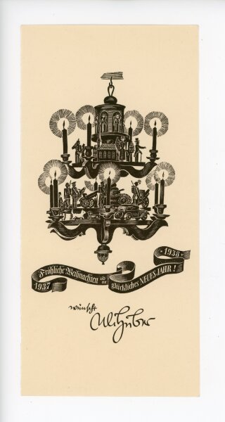 Uli Huber - Grußkarte mit Kerzenleuchter - 1937 - Holzstich