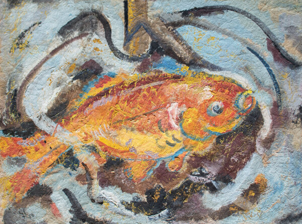 Gerhard Schulte-Dahling - Goldfisch in Eiswasser - 1956 - Öl auf Papier auf Holz
