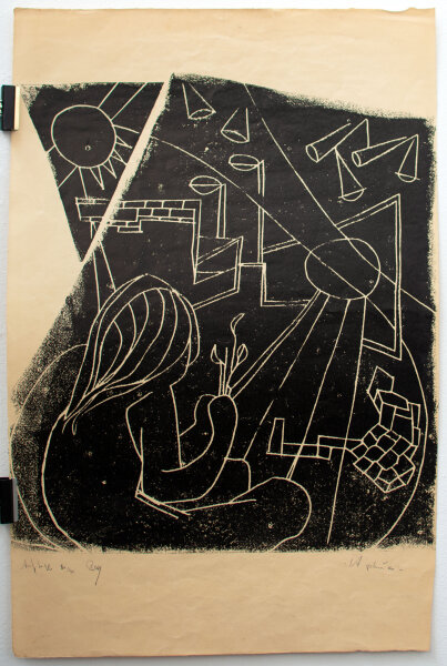 Unleserlich signiert - Ray, Frau mit Pflanze - o.J. - Pastell/Kratz