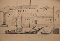 Hertha Peschke-Scholz - Segelschiffe am Bremer Martinianleger (?) - o.J. - Tusche