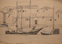 Hertha Peschke-Scholz - Segelschiffe am Bremer Martinianleger (?) - o.J. - Tusche