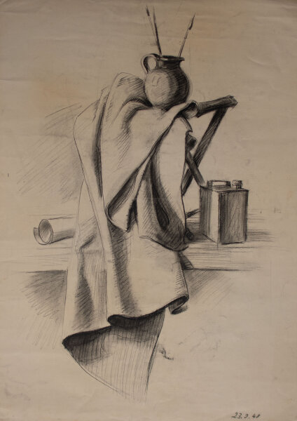 Hertha Peschke-Scholz - Stillleben mit Malutensilien - 1948 - Kohle / Pastellkreide