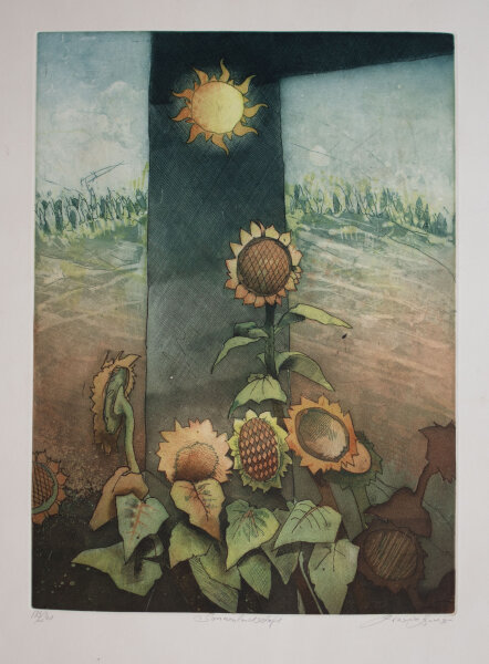 unleserlich signiert - Sonnenlandschaft - o.J. - Farbradierung