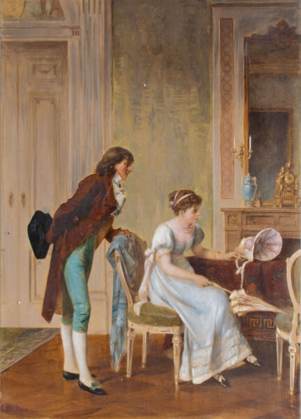 Nach Otto Erdmann - Gespräch im Salon - nach 1890 - Bemalte Heliogravure, geklebt auf Keramikplatte, hinter Glas