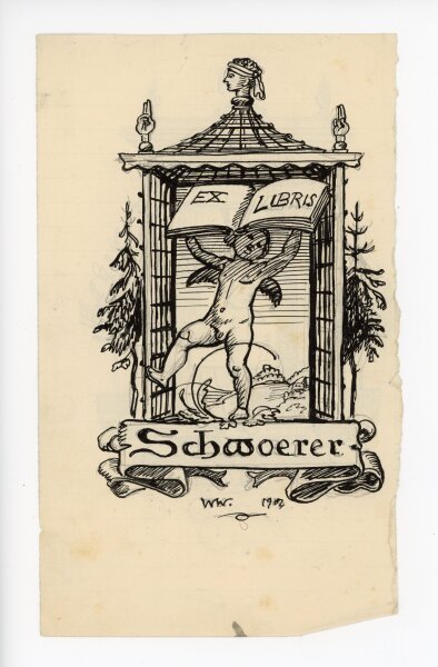 unbekannt - Ex Libris Entwurf mit Engel - o.J. - Tuschezeichnung